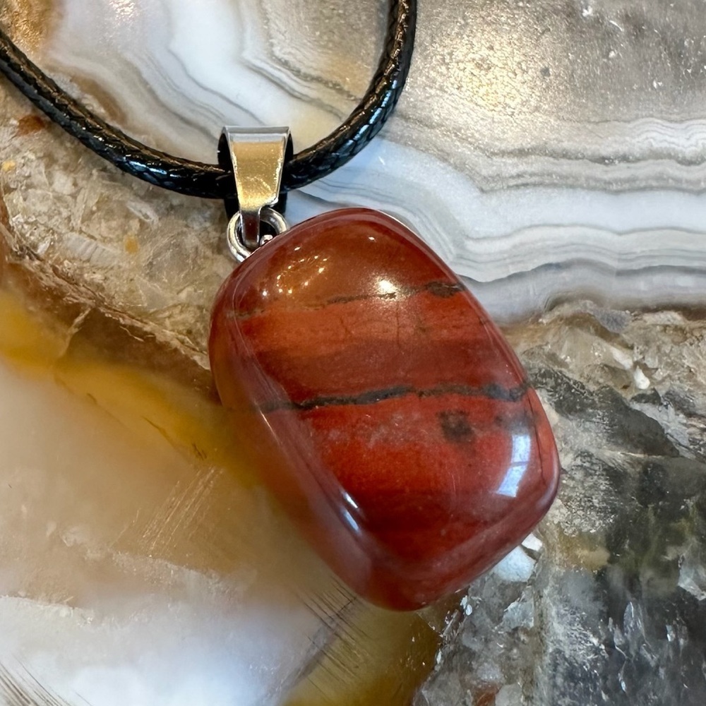 3074 Crimson Stone Pendant Necklace on Black Cord